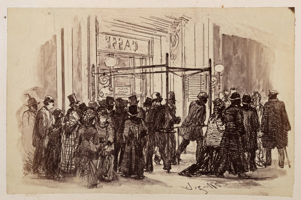 Theaterkassa: de bezoekers schuifelen van rechts naar de verlichte kassa  en lopen vervolgens naar links, richting de voorstelling van Heinrich von Kleist „De gebroken kruik“ door Adolph Menzel