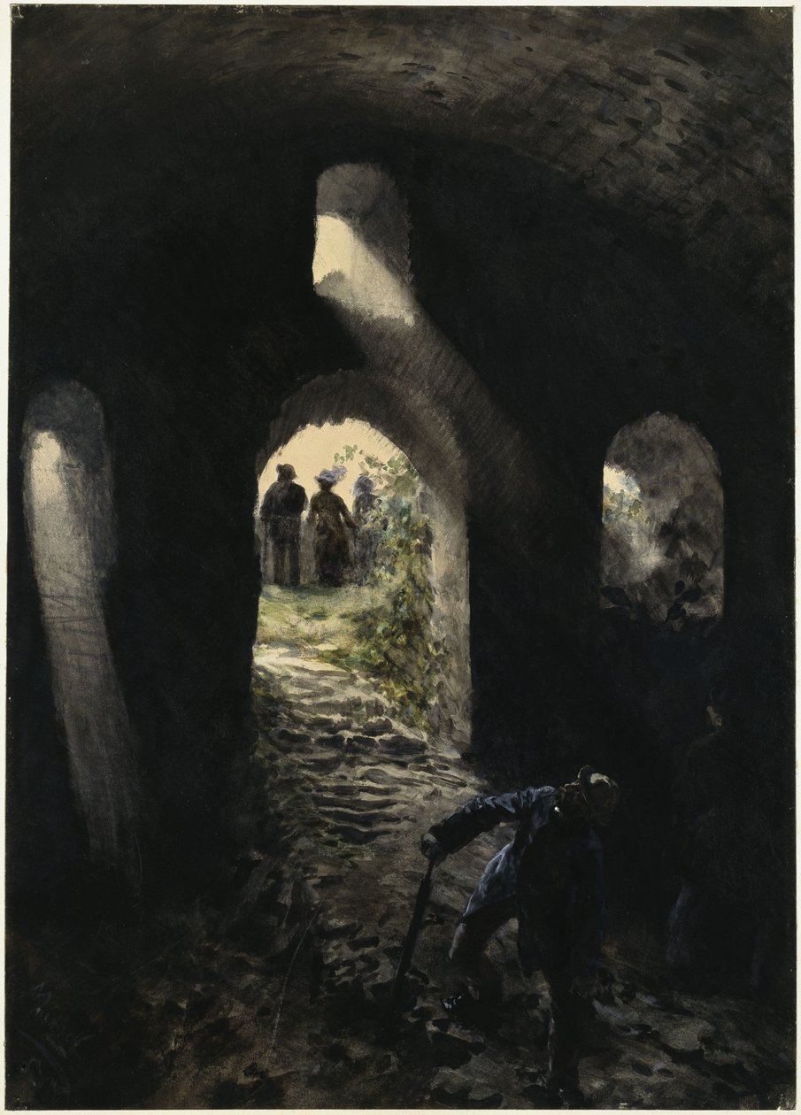 Toeristen in de ruïne Rheinfels door Adolph Menzel