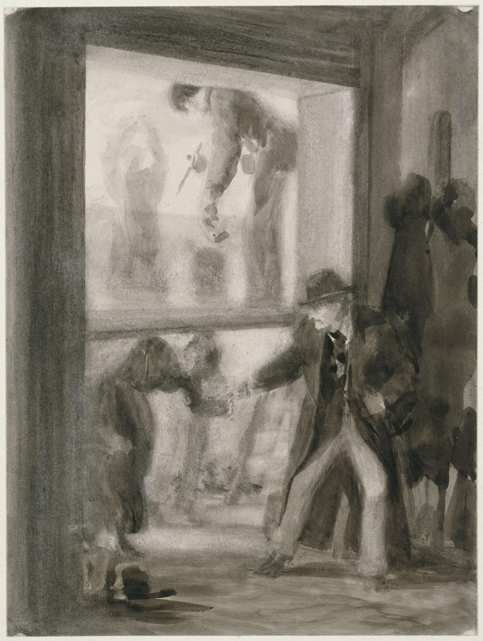 Schilderen met transparante verf in de academie; op de voorgrond reikt een man met een vilten hoed zijn hand uit naar een voorovergebogen vrouwenfiguur door Adolph Menzel