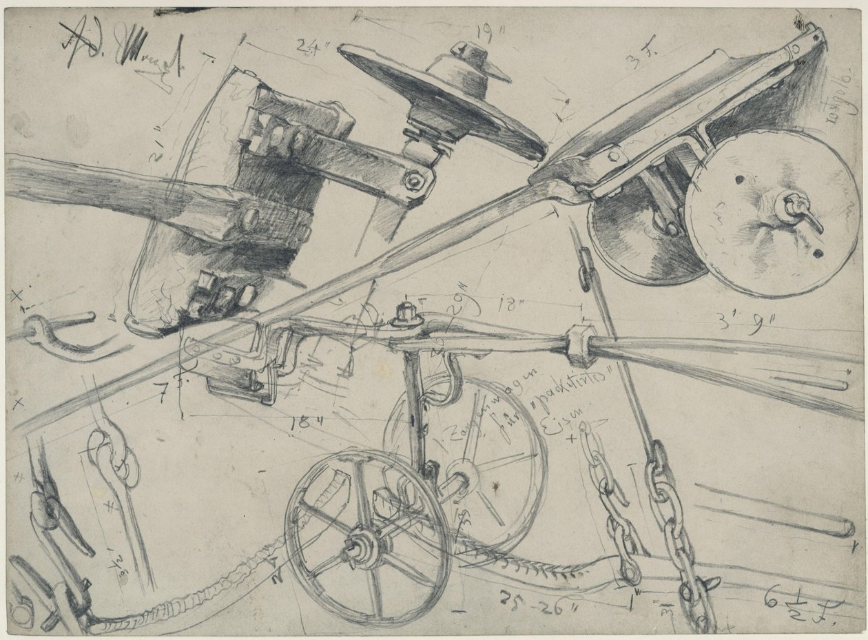 Transportwagen met details en afmetingen. Studie voor ‘De ijzerwalserij. Moderne cyclopen’ door Adolph Menzel