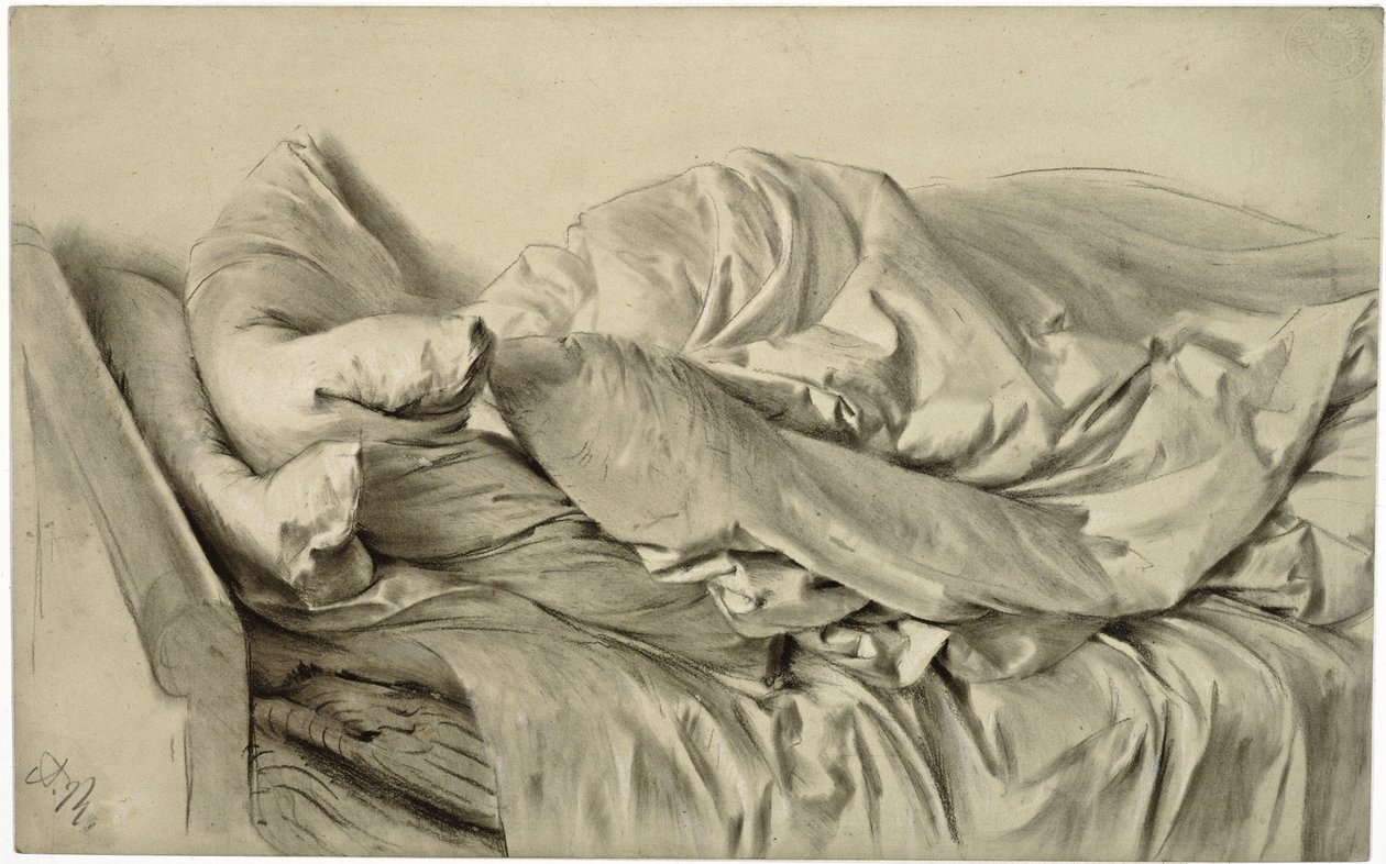 Een onopgemaakt bed door Adolph Menzel