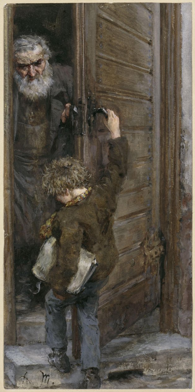 Vader en zoon bij de deur. Uit het “Kinderalbum” door Adolph Menzel