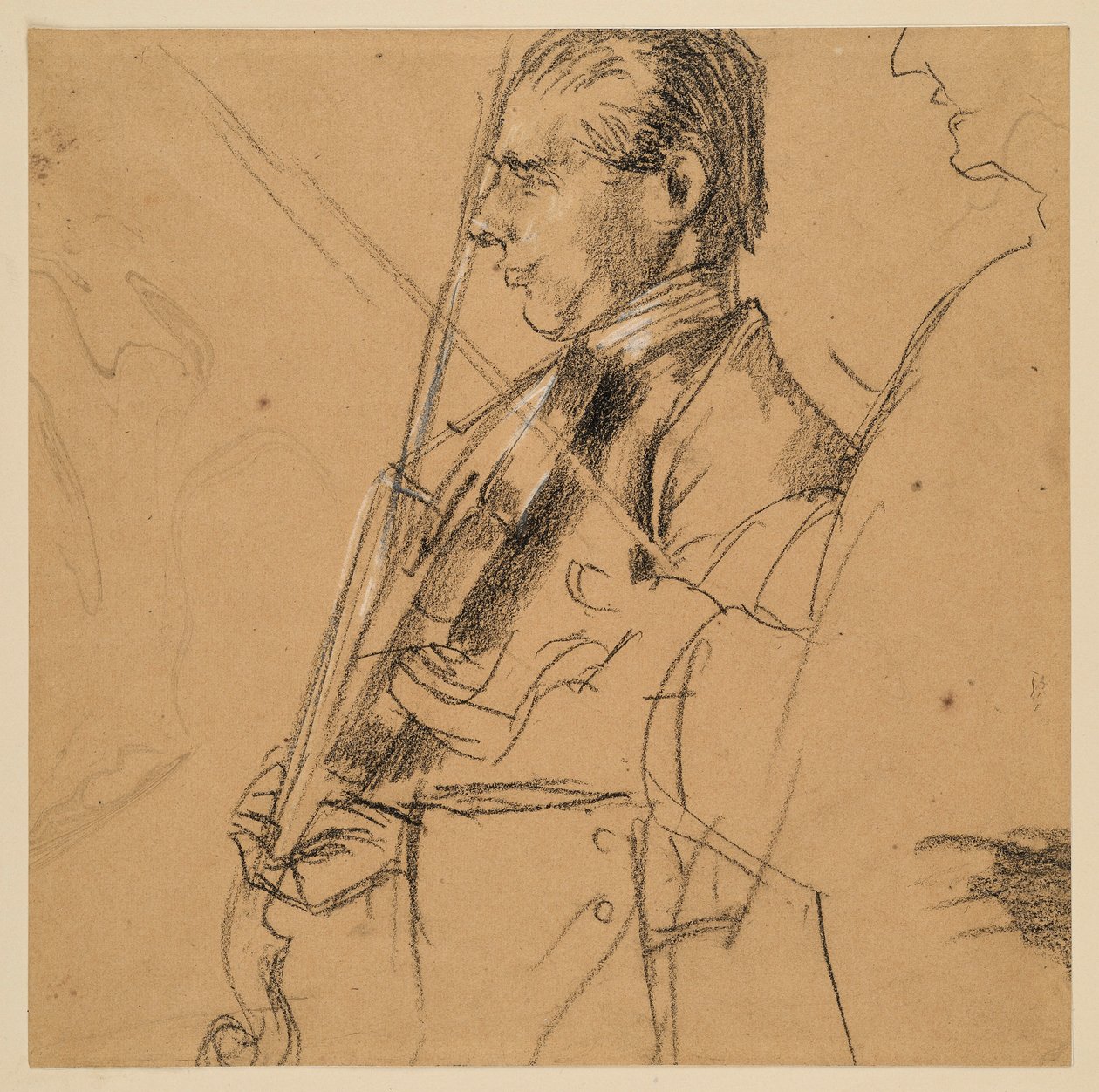 Violist. Half figuur. Profiel naar links. Rechts een profielschets. Voorstudie voor het schilderij „Het fluitconcert van Frederik de Grote in Sanssouci“ door Adolph Menzel