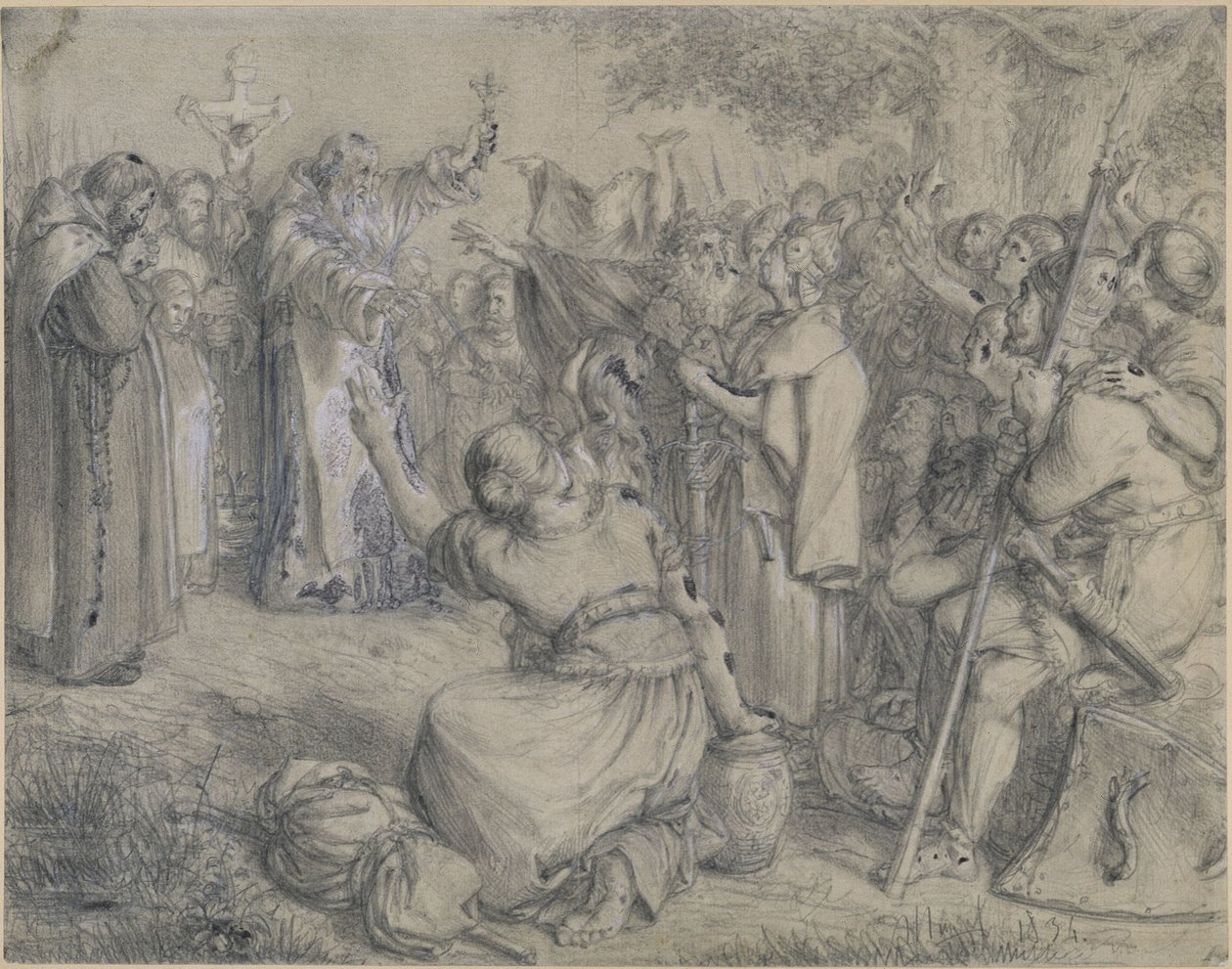Vizelin predikt rond het jaar 1137 het christendom onder de Wenden. Ontwerp voor de „Memorabilia uit de Brandenburgs-Pruisische geschiedenis” door Adolph Menzel
