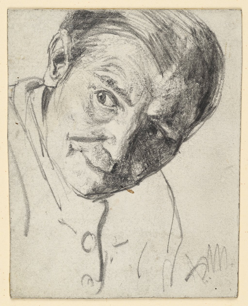 Het hoofd naar voren gebogen, de blik gespannen opzij gericht door Adolph Menzel