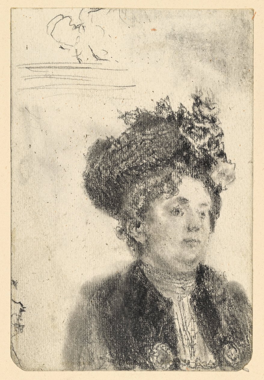 Vrouwenbuste met hoed door Adolph Menzel