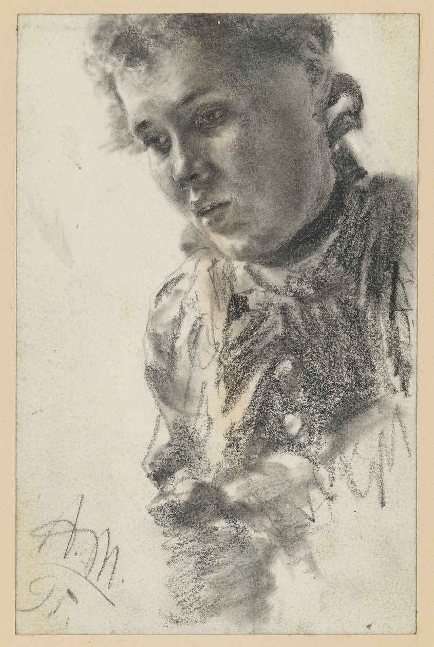 Vrouwelijk borstbeeld naar links, met het hoofd naar voren gebogen door Adolph Menzel