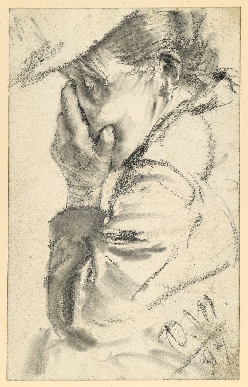 Huilende oude vrouw, met het gezicht in de hand, borstbeeld naar links door Adolph Menzel