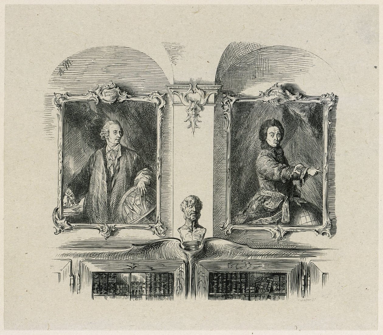 Werken van Frederik de Grote. Leonhard Euler en Pierre-Louis de Maupertuis door Adolph Menzel