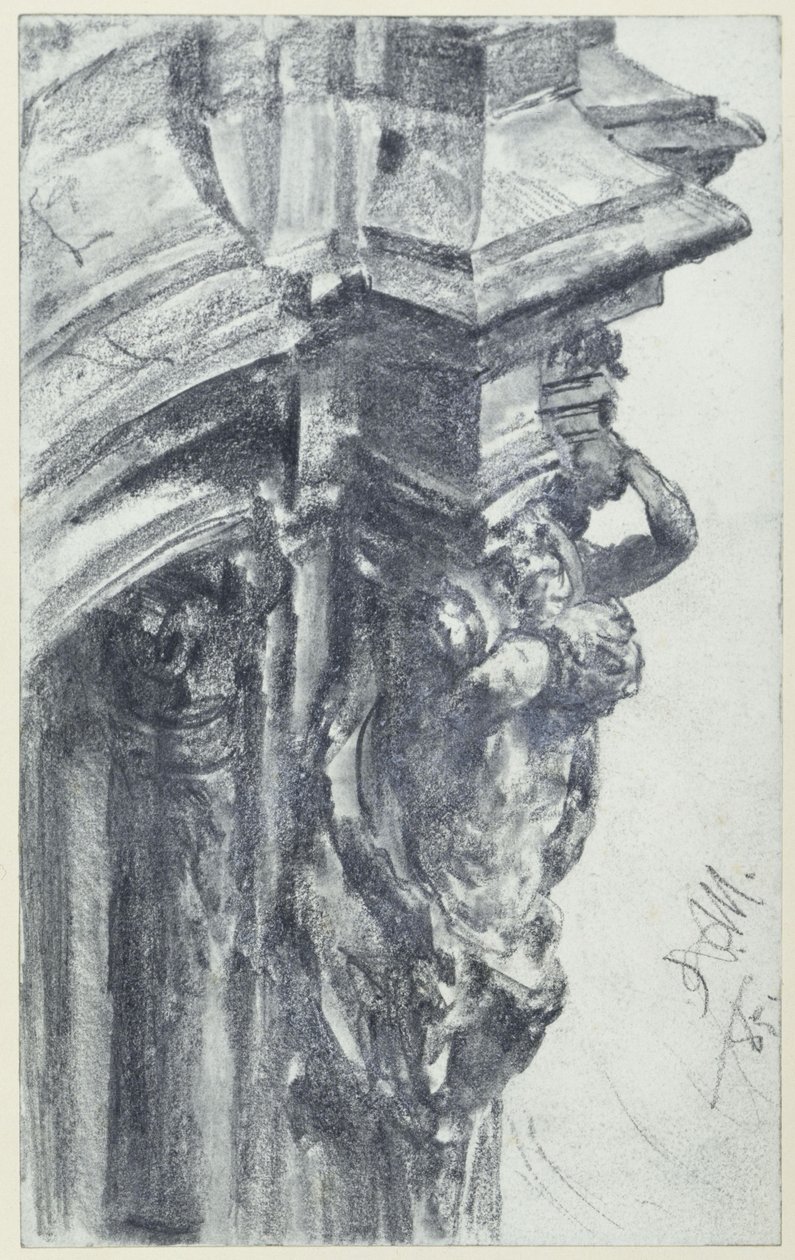 Een westelijk hermenpaar bij het Wallpavillon van de Zwinger in Dresden, gezien vanaf het Wallterras door Adolph Menzel