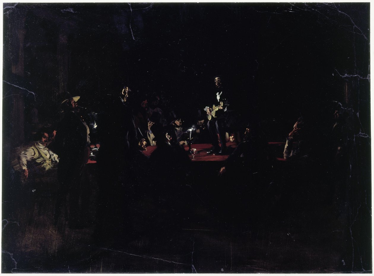 Feestgangers rond een grote tafel en een zanger door Adolph Menzel