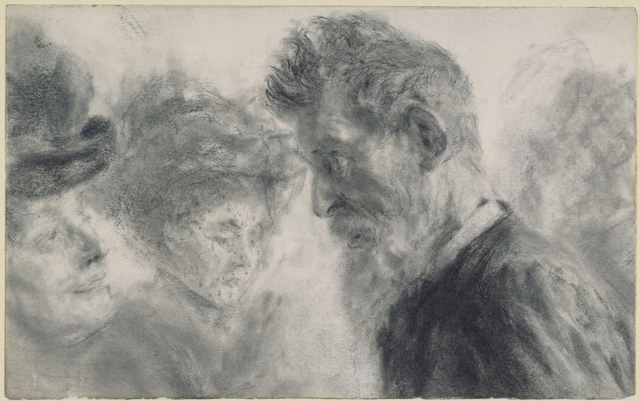 Twee dames met een hoed en een man met een baard door Adolph Menzel