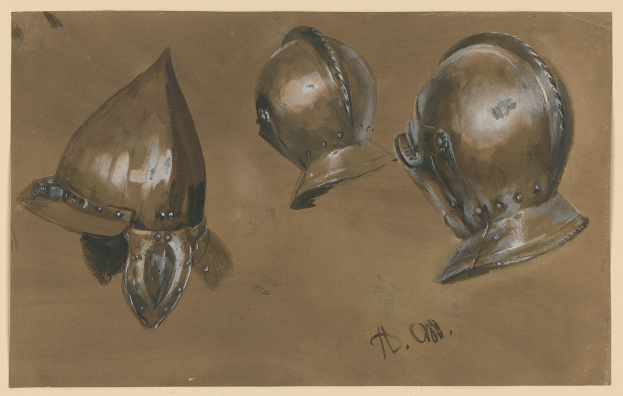 Twee hoofdarnassen en een helm door Adolph Menzel