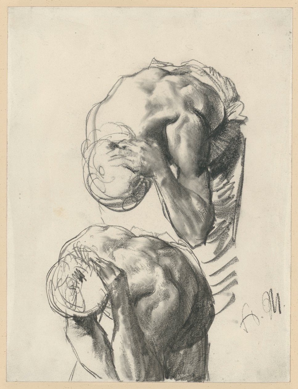 Twee studies: arbeider die zich wast. Studie voor ‘De ijzerwalserij. Moderne cyclopen’ door Adolph Menzel