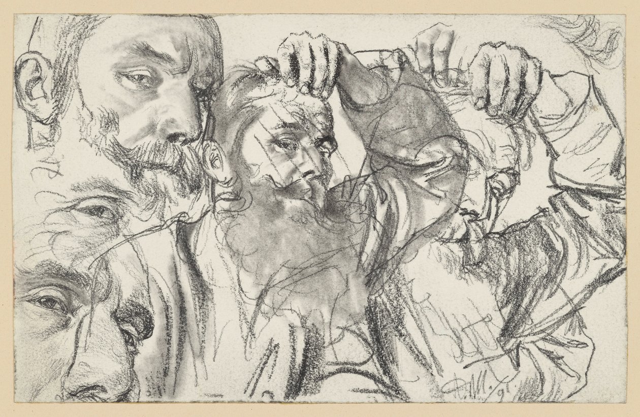 Twee studies van een man met een baard die met zijn linkerhand zijn voorhoofd aanraakt; het gezicht is twee keer herhaald door Adolph Menzel