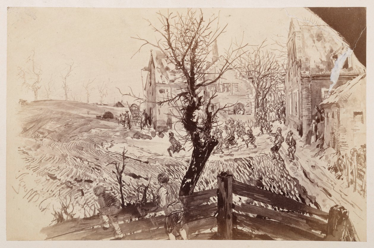 Tussen de laatste huizen van het dorp stormt de menigte naar buiten om de vluchtende Adam te achtervolgen, die men haastig met zijn stok ziet weggaan, bij „De gebroken kruik“ van Heinrich von Kleist door Adolph Menzel
