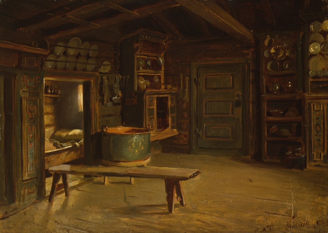 Boerderijinterieur uit Gulsvik in Hallingdal door Adolph Tidemand