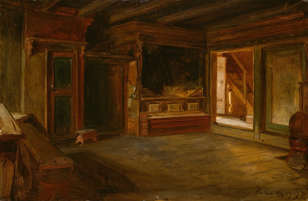 Boerderij-interieur uit Sandak door Adolph Tidemand
