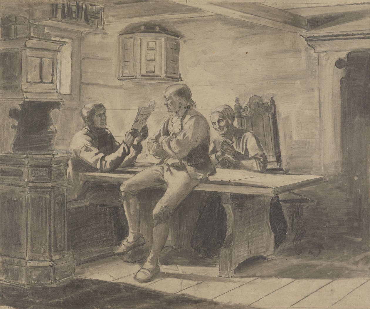 Man die voorleest aan zijn vrouw en man door Adolph Tidemand