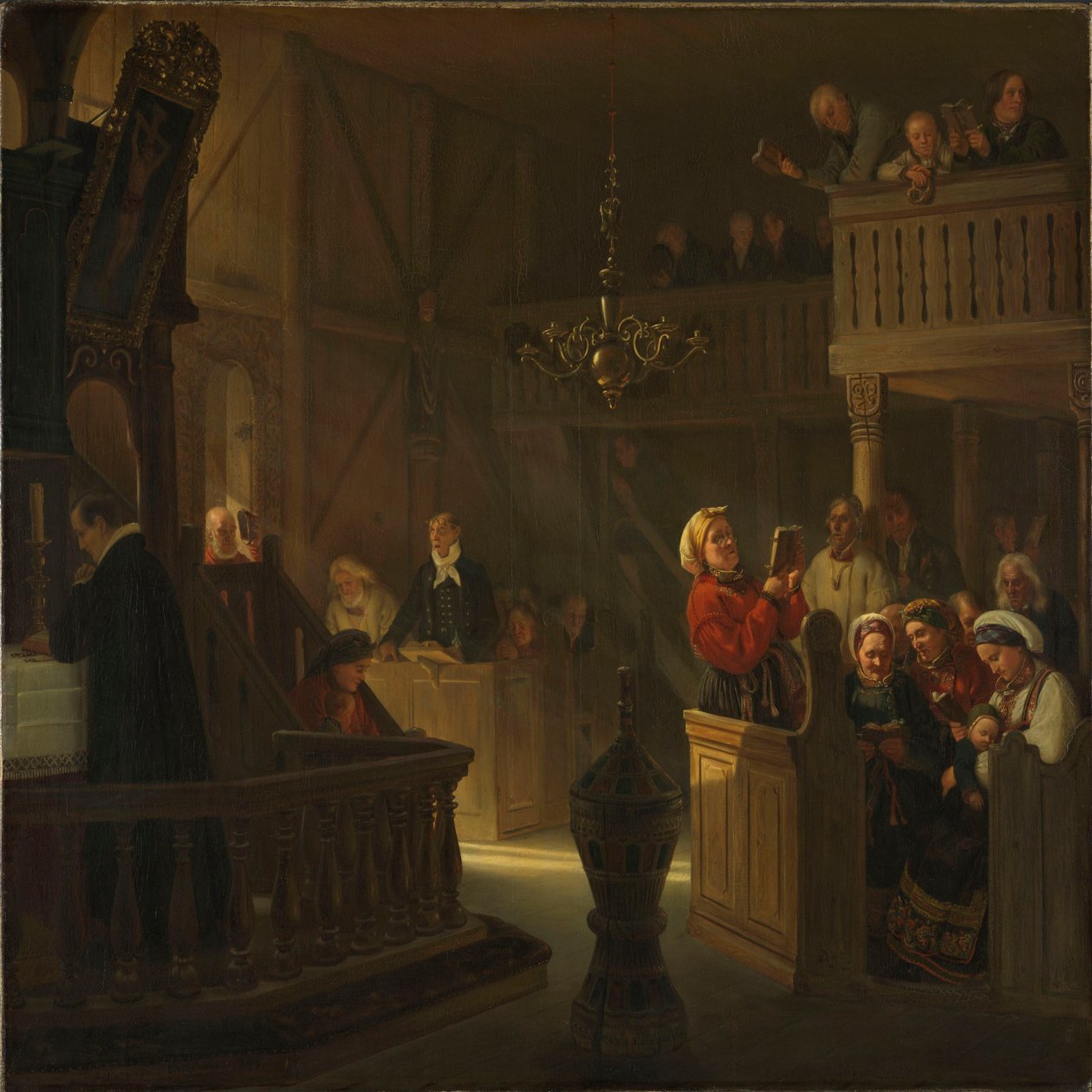 Een kerkdienst in een Noorse plattelandskerk door Adolph Tidemand