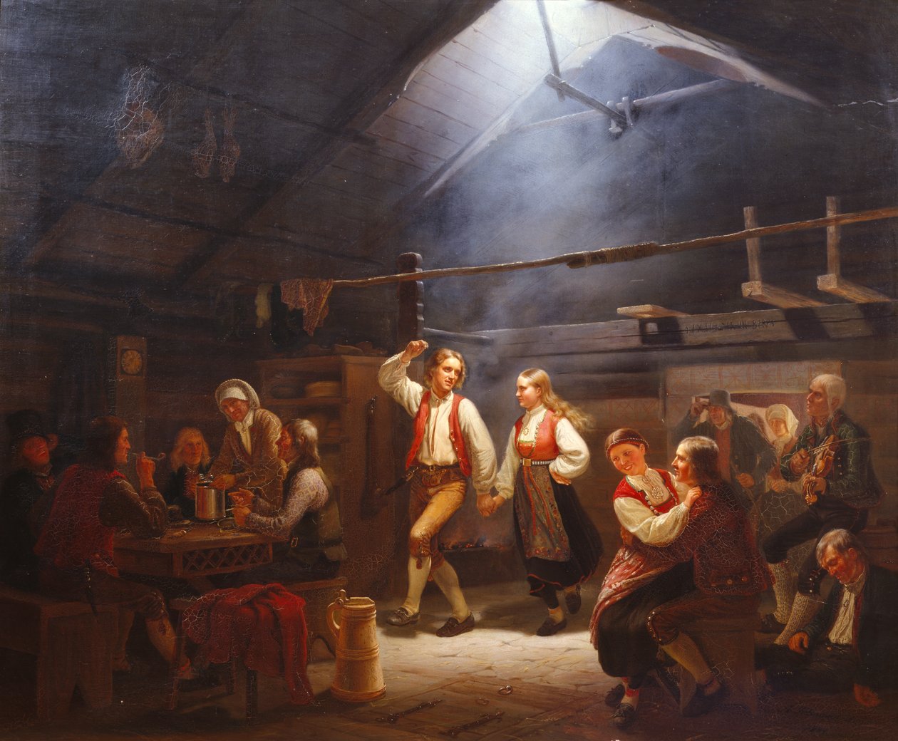 Zondagmiddag in een rookruimte in Hardangersk (schilderij) door Adolph Tidemand