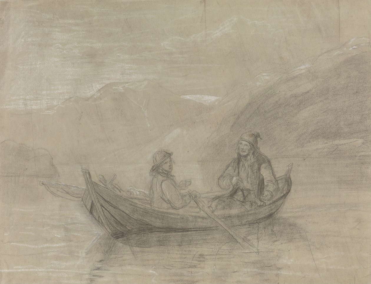 Twee vissers in een boot door Adolph Tidemand