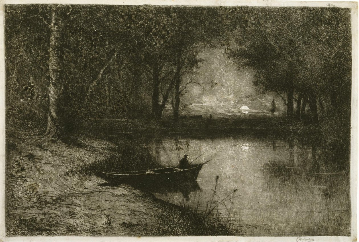 Visser in een roeiboot, aan de rand van een rivier door Adolphe Appian