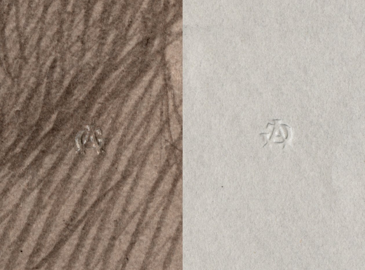 Droge stempel van Adolphe Giraudon, A G, Recto en Verso, detail van het portret van Leonce Benedite, 1899 door Adolphe Giraudon