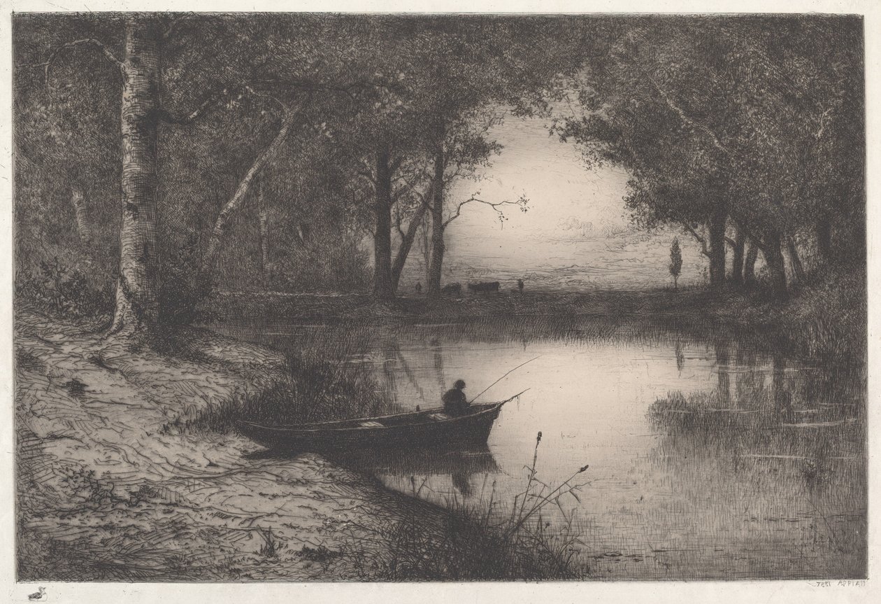 Een visser in een bebost meer bij avond door Adolphe Appian