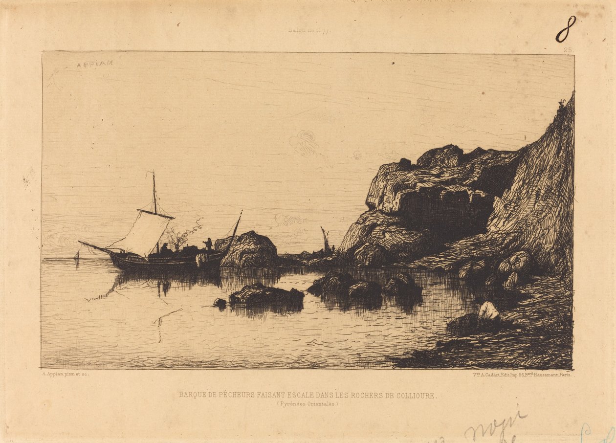 Vissersboot die aanlegt in de rotsen van Collioure door Adolphe Appian