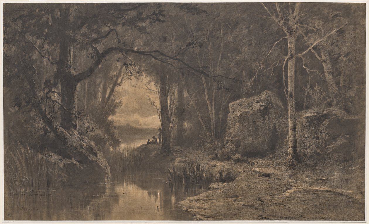 Drie vissers aan de oever van een rivier aan de rand van een bos door Adolphe Appian