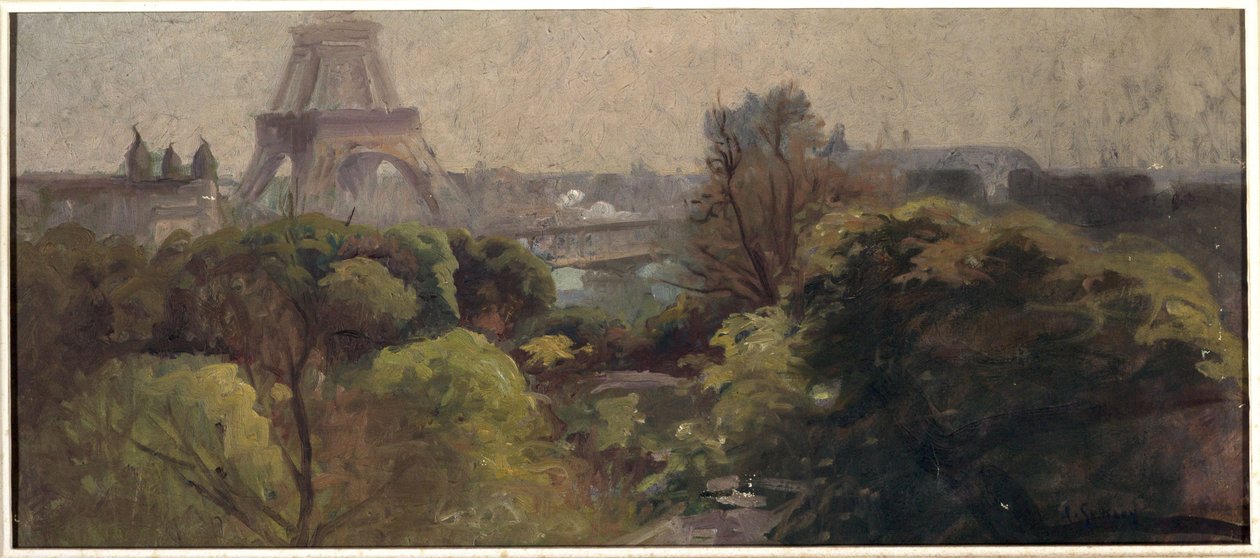 De Eiffeltoren, gezien vanuit de Delessert-tuin door Adolphe Ernest Gumery