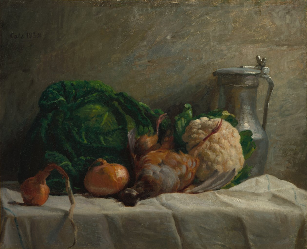 Stilleven met groenten, patrijs en een kruik, 1858 door Adolphe Felix Cals