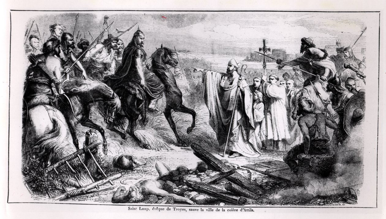 St. Loup verdedigt de stad Troyes tegen Attila de Hun te paard, illustratie uit een geschiedenis van Frankrijk, 2e helft 19e eeuw door Adolphe Francois Pannemaker