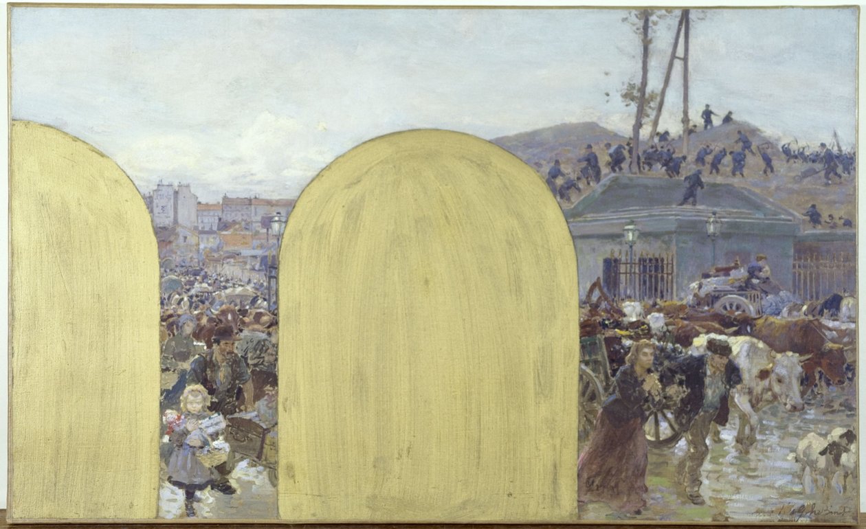 Schets voor het kabinet van de prefect van het Hôtel de Ville de Paris: De terugkeer naar Parijs van de inwoners van de voorsteden: Het beleg van Parijs in 1870, in 1895 door Adolphe Gustave Binet