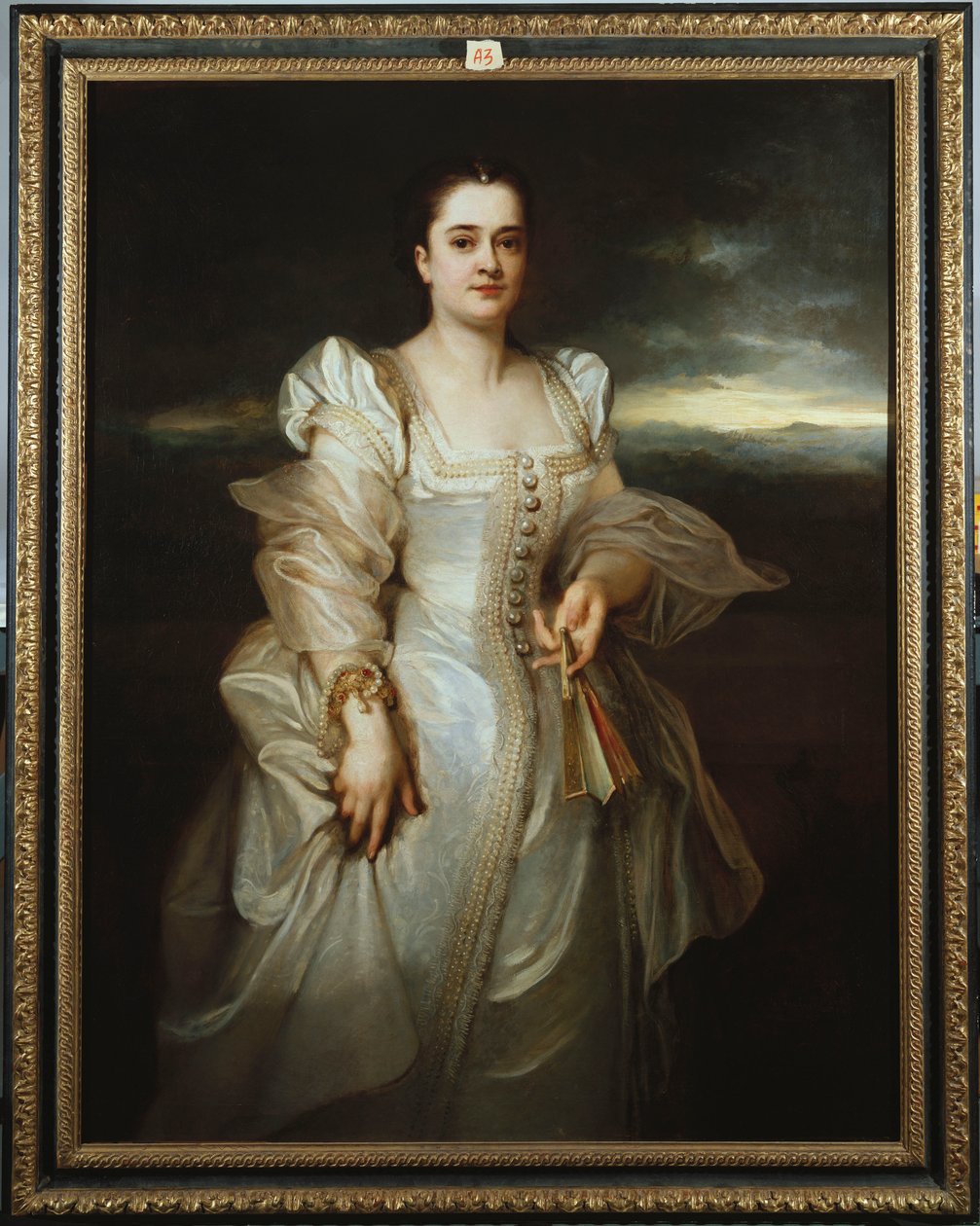 Portret van een Dame in een Witte Jurk geborduurd met Parels door Adolphe Joseph Thomas Monticelli