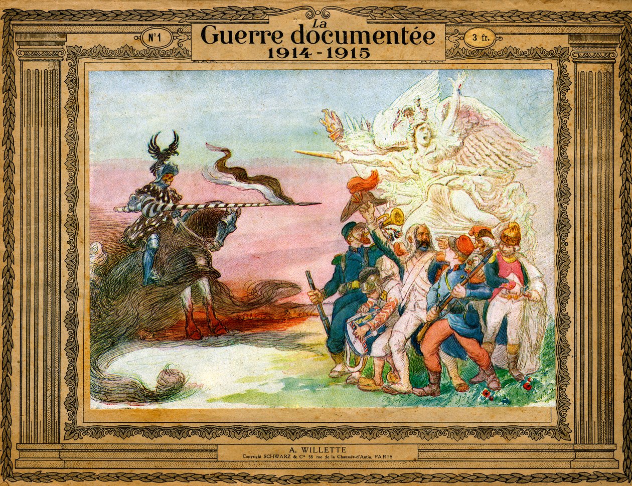 Allegorie van conflict: Franse troepen geleid door Overwinning gaan in de aanval op Duitsland belichaamd door de dood te paard door Adolphe Leon Willette