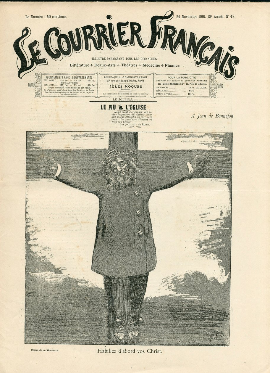 Omslag van The Courier francais, nr. 47, Satirisch in ZW door Adolphe Leon Willette