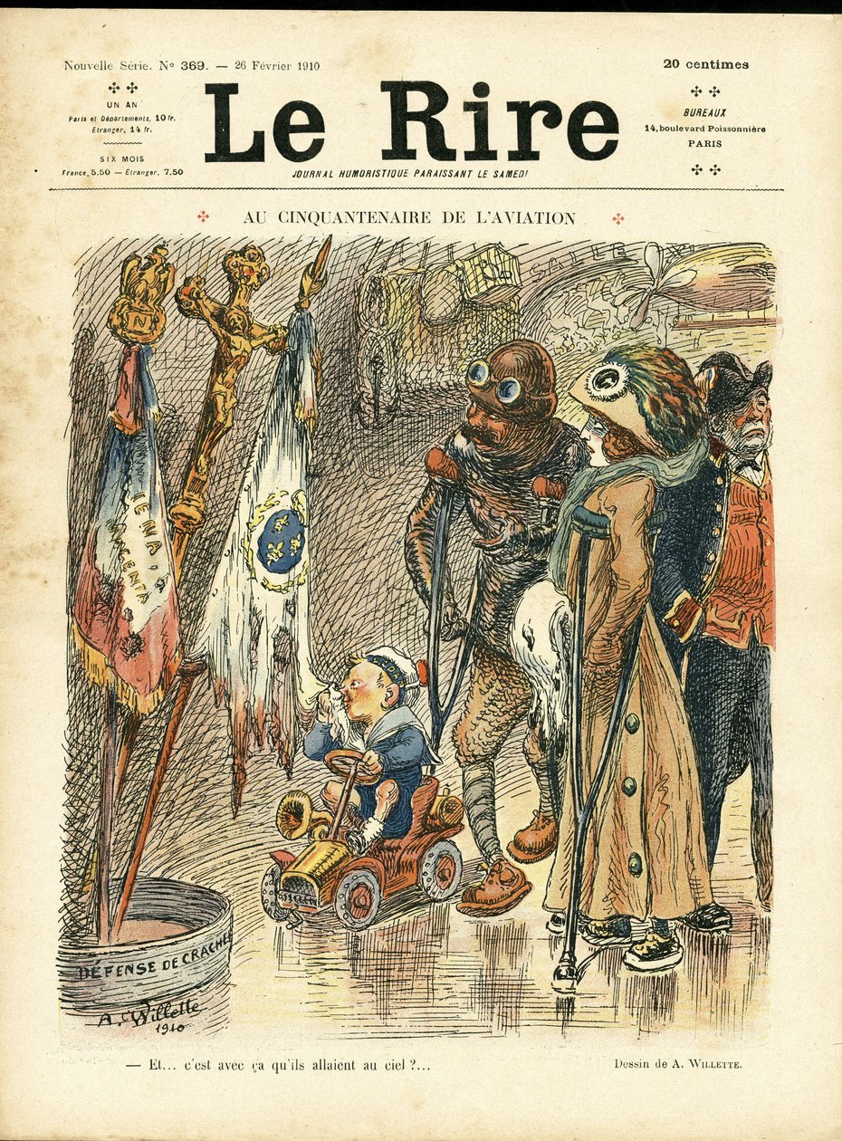 Illustratie van Adolphe dit Willette voor de omslag van Le Rire, 26/02/10 - Bij het vijftigjarig jubileum van de luchtvaart - Luchtvaart, Mode, Hoed, Ongelukken Rampen door Adolphe Leon Willette