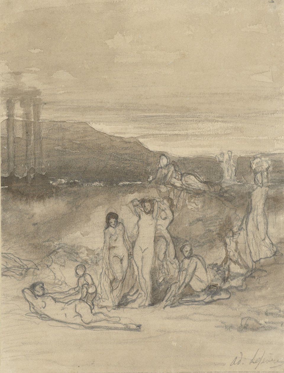 Klassiek landschap met liggende, staande en zittende naaktfiguren en een tempelruïne door Adolphe René Lefèvre