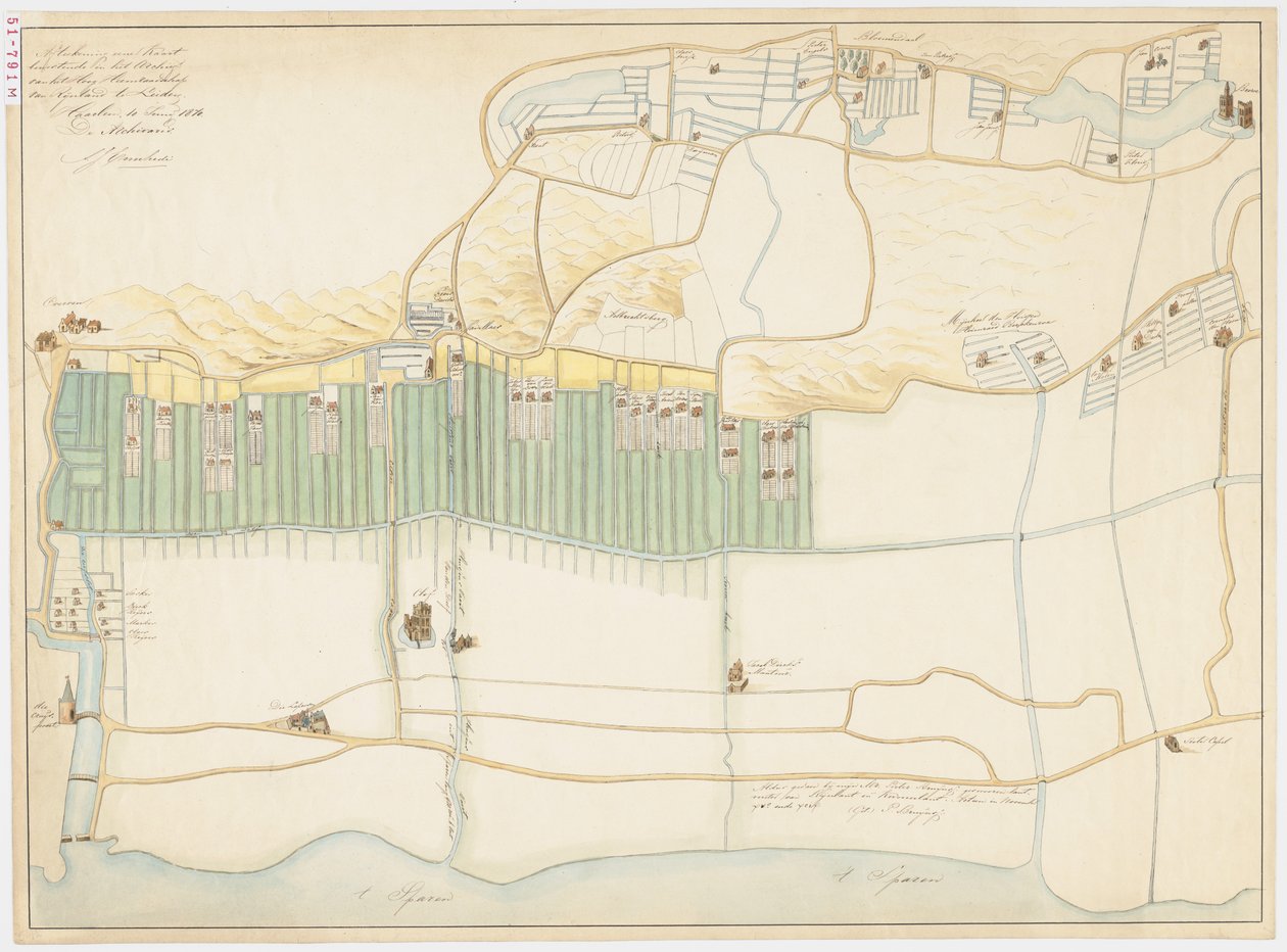1870 kopie van kaart uit 1599 van Haarlem bleekvelden bij Bloemendaal door Adriaan Justus Enschedé