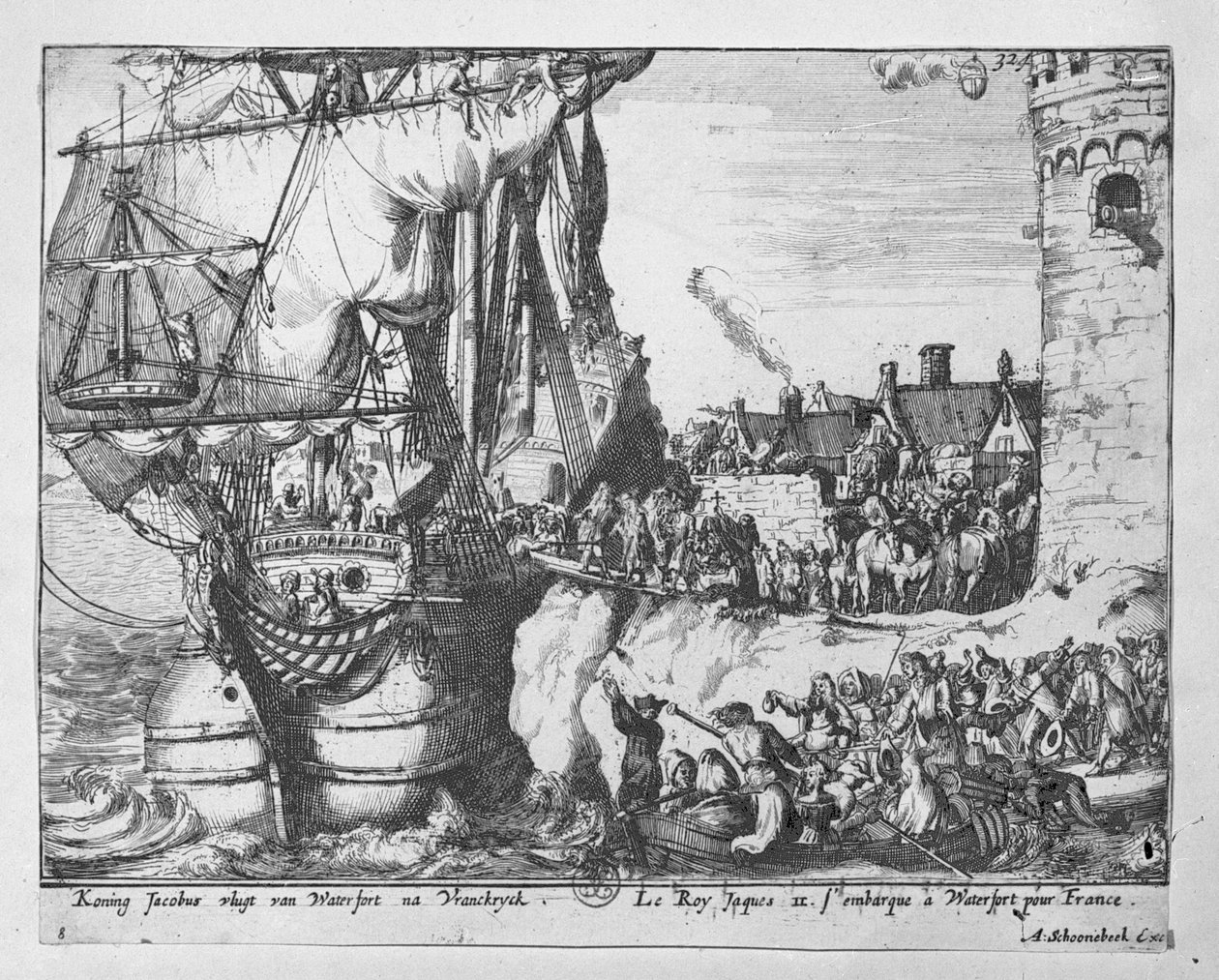 Koning James verlaat Ierland na de nederlaag in de Slag aan de Boyne, 1690 door Adriaan Schoonebeek