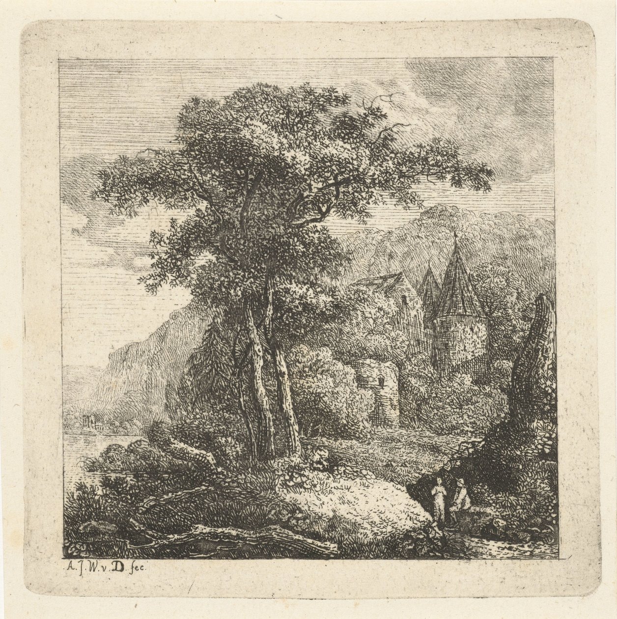 Bergachtig landschap met bomen, kasteel en twee figuren door Adriaan Jacob Willem van Dielen
