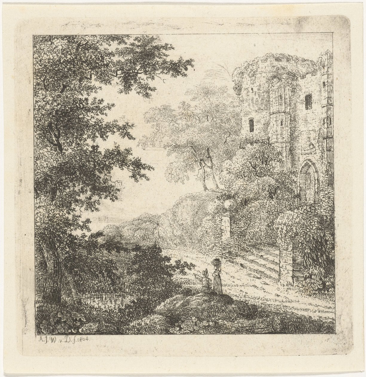Landschap met figuren bij ruïne van kasteel door Adriaan Jacob Willem van Dielen