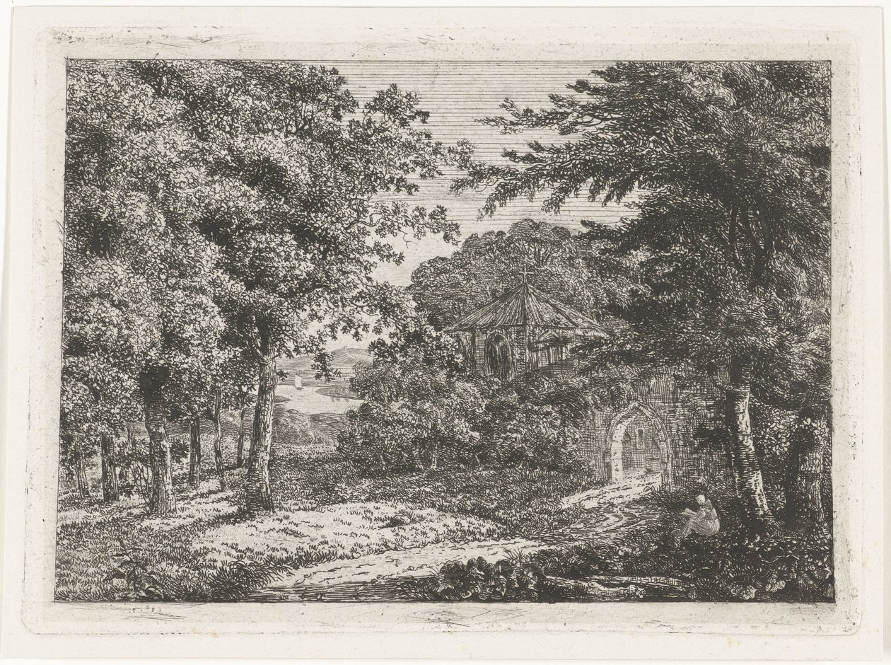 Landschap met kapel tussen bomen en lezende monnik door Adriaan Jacob Willem van Dielen