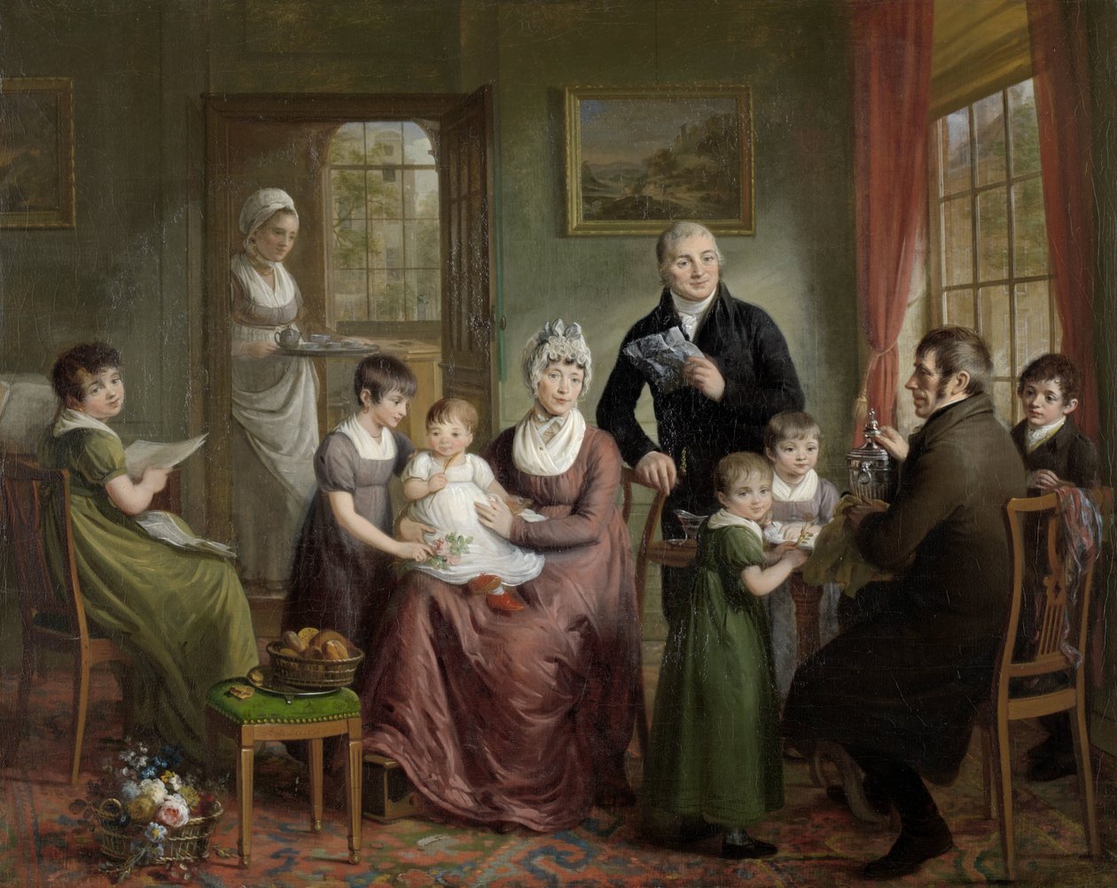 Portret van de familie van Adrianus Bonebakker en zijn compagnon D.L. Bennewitz door Adriaan de Lelie (signed by artist)