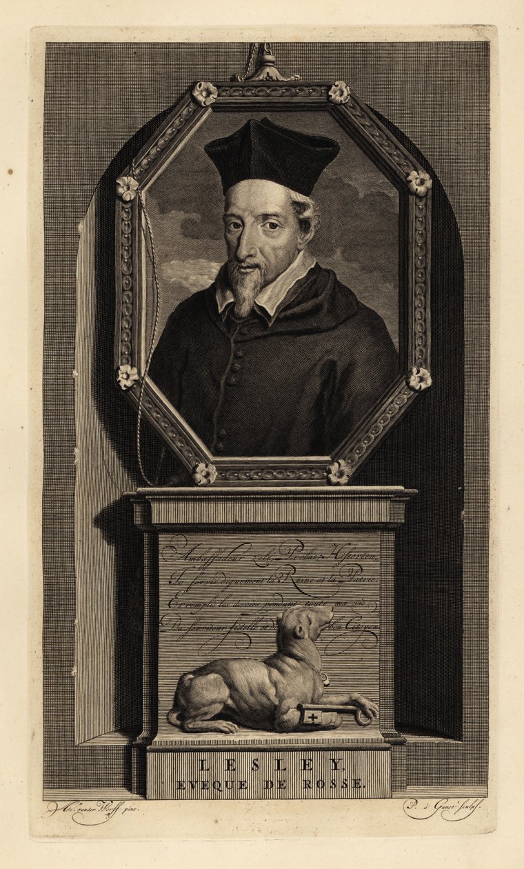John Lesley, Schotse historicus en bisschop van Ross. Eveque de Rosse. Hond met sleutel. Kopergravure door Pieter Stevens van Gunst door Adriaan van der (after) Werff
