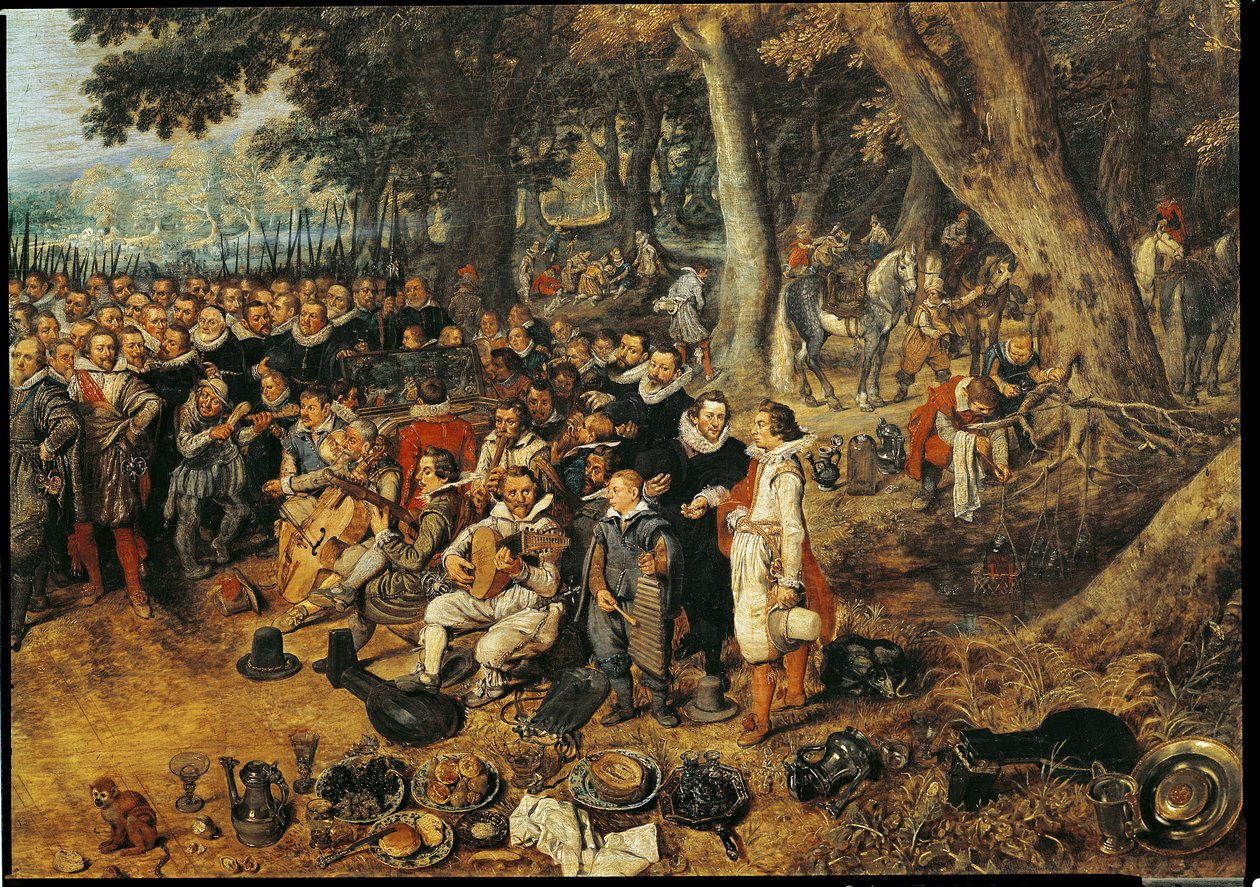 Allegorie van het Bestand van 1609 tussen Nederland en Spanje, detail van muzikanten aan de rechterkant door Adriaen van de Venne