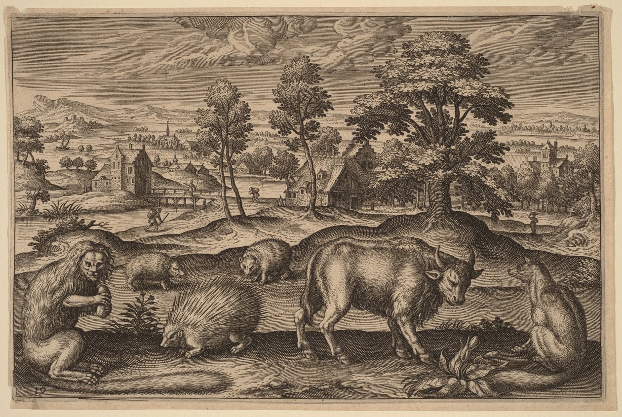 Een aap, een stekelvarken, twee egels, een buffel en een vos door Adriaen Collaert