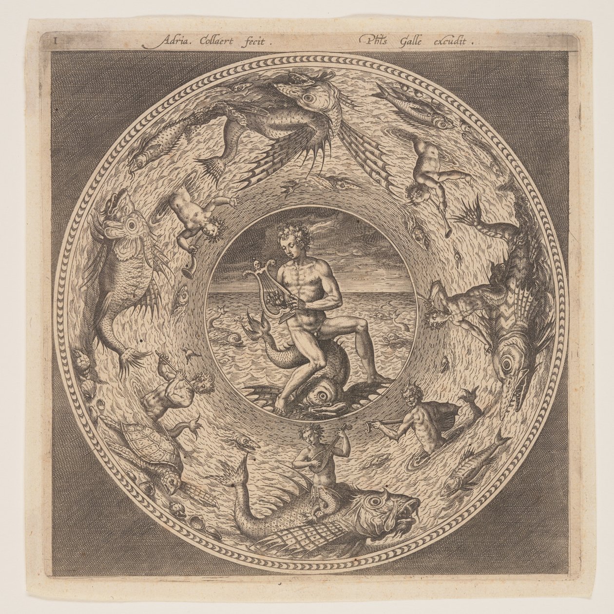 Arion op een dolfijn omringd door een rand versierd met zeewezens, uit een serie ontwerpen voor platen (Fonds de Coupe) door Adriaen Collaert